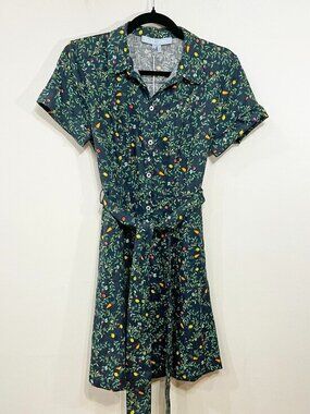 New Hill House Laura 100% Linen Floral Belted Shirtdress Navy XXS